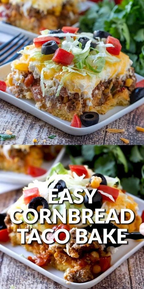 Easy 1 Pot Dinner Recipes, Taco Bake Cornbread, Recipes With Boxed Cornbread, Easy Cornbread Taco Bake, Things To Do With Cornbread, Taco Bake With Cornbread, Cornbread Pie Ground Beef, Taco Casserole With Cornbread, Taco Casserole Bake With Cornbread