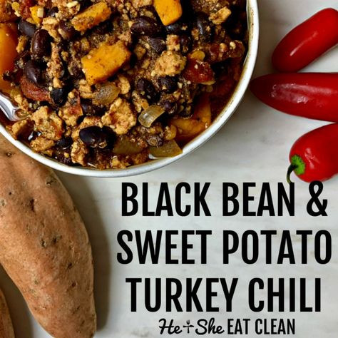 Black Bean & Sweet Potato Turkey Chili #heandsheeatclean #chili #eatclean #cleaneating #crockpot Clean Eating Crockpot Meals, Chili With Sweet Potato, Fall Meal Prep, Turkey Black Bean Chili, Crock Pot Turkey, Sweet Potato Black Bean Chili, Clean Eating Crockpot, Chicken Chili Crockpot, Slow Cooker Chicken Chili