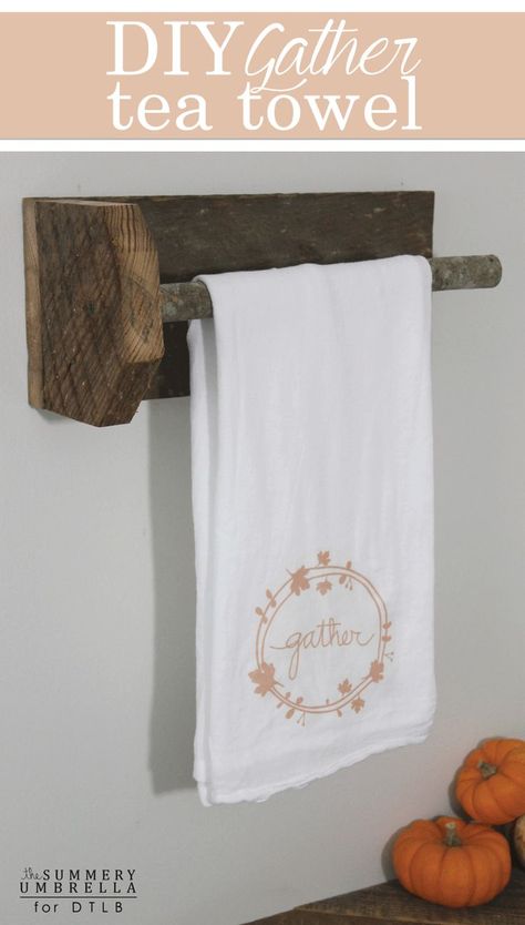 Create this fall inspired DIY Gather Tea Towel with this super simple tutorial! Tea Towels Crafts, Crafts For Fall, Primitive Embroidery, Primitive Bathrooms, Tea Diy, Towel Crafts, Fall Kitchen, Country Decorating, Primitive Decorating Country