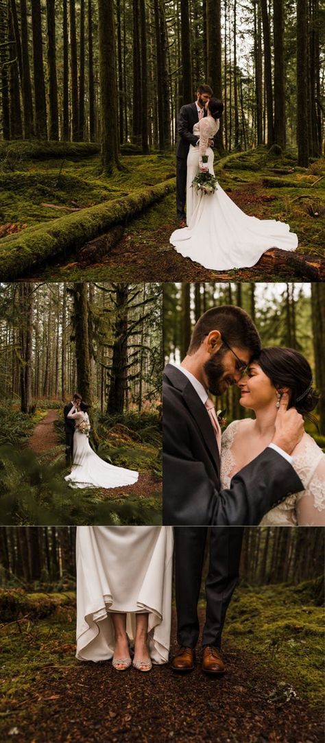 Outdoor Wedding Couple Photos, Wedding Photoshoot Forest, Pine Forest Wedding, Elopement Forest, Woodsy Elopement, Forest Wedding Photos, Realistic Wedding, Anniversary Pics, Cold Wedding