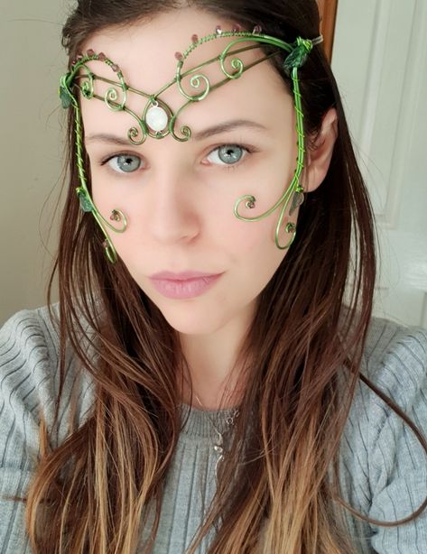 Headpiece leaf vine green wire, Czech glass leaves and rainbow moonstone and Swarovski amethyst Forest Crown Diy, Diy Fairy Headpiece, Fae Costume Diy, Dragonfly Headpiece, Fairy Headpiece Diy, Fairy Costume Accessories, Wire Headpiece, Fae Ball, Diy Headpiece