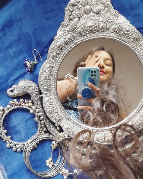 Mirror jewellery ethnic love artist blues blue desi style smile aesthetic aesthetic quotes aestheticphotos ethnicstyle jhumka jhumkas longhair elephant ghungroo Blue Desi Aesthetic, Ghungroo Bangles, Smile Aesthetic, Mirror Jewellery, Indian Mirror, Poem Art, Aesthetic Poetry, Desi Aesthetic, Mirror Silver