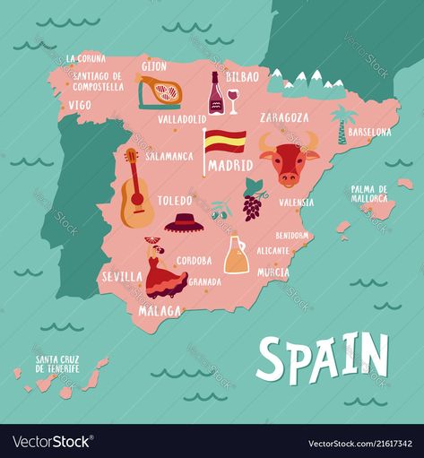 Map Of Spain, Geography Map, Tourist Map, People Food, Poster Illustration, Travel Map, Vector Map, Benidorm, Travel Illustration