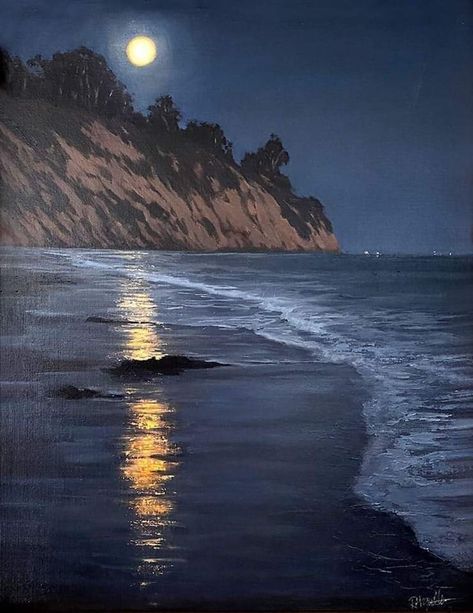 Acrylic Painting Ideas Landscape, Nature Paintings Acrylic, Ocean Landscape Painting, Ocean Paintings, Night Sky Painting, Moonlight Painting, Digital Gallery, Handmade Paintings, Art And Creativity