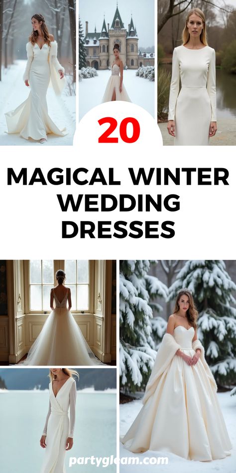 Planning a winter wedding? Check out these 20 magical winter wedding dress ideas that will have you looking like a snow princess. From long-sleeve crepe wrap dresses to stunning satin mermaid gowns with elegant shawls, there’s something for every bride’s style. Get inspired by silk and tulle gowns featuring stylish slits, simple and classic designs, and vintage-inspired ball gowns. Your perfect winter wedding dress awaits, allowing you to shine bright on your special day amidst the✨ snowy atmosphere. Winter Wedding Dress Outdoor, Christmas Bride Dress, Canadian Wedding Dresses, Winter Romantic Wedding Dress, Medieval Winter Wedding Dress, Off Shoulder Long Sleeved Wedding Dress, Outdoor Winter Wedding Dress, December Wedding Dress The Bride, Christmas Wedding Dresses Bride