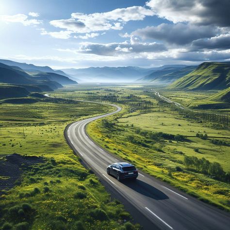 Car rides on a highway road in nature with mountains and forests in summer on journey. Landscape with a view from above royalty free stock photograp Highway Landscape, Car Landscape, Car On Road, City Reference, Car On The Road, Side Road, Beautiful Adventure, View From Above, Scenic Roads