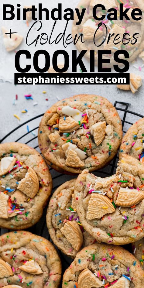 These birthday cake cookies taste like birthday cake in cookie form. They are a soft vanilla cookie filled with sprinkles and topped with golden Oreos. Birthday Cake Cookies, Easy To Make Cookies, Birthday Cake Decorating Ideas, Cookie Cake Birthday, Cookie Cake Recipe, Cake Decorating Ideas, Sprinkle Cookies, Gourmet Cookies, Buttery Cookies