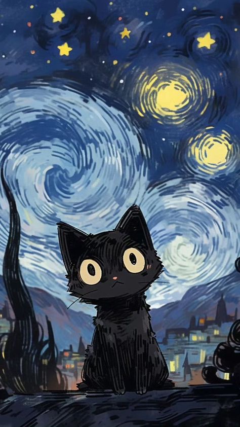 Night Theme Wallpaper, Cat Drawing Wallpaper, Wallpaper Chat, Chat Wallpaper, Kitty Wallpaper, Cool Wallpapers Art, Cat Posters, Art Inspiration Painting, Pretty Wallpapers Backgrounds