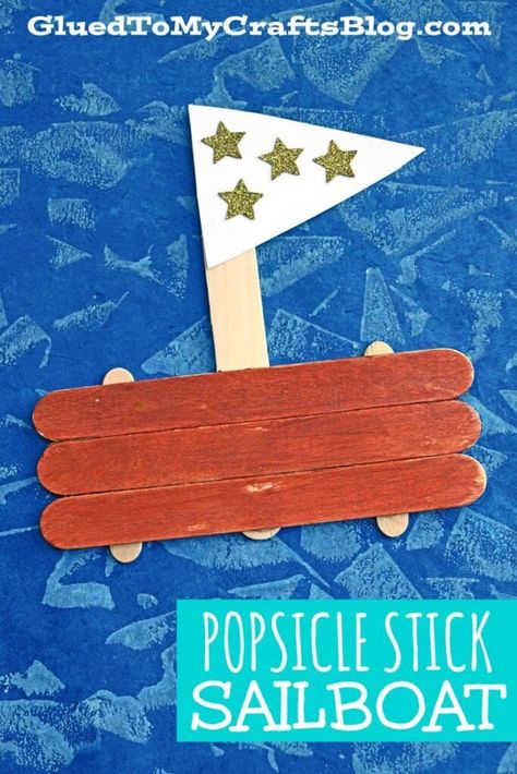 #gluedtomycrafts Popsicle Stick Sailboat - Kid Craft Idea For Summer Popsicle Stick Boat, Pirate Ship Craft, Popsicle Stick Art, Idea For Summer, June Crafts, Under The Sea Crafts, Boat Crafts, Transportation Crafts, Ship Craft