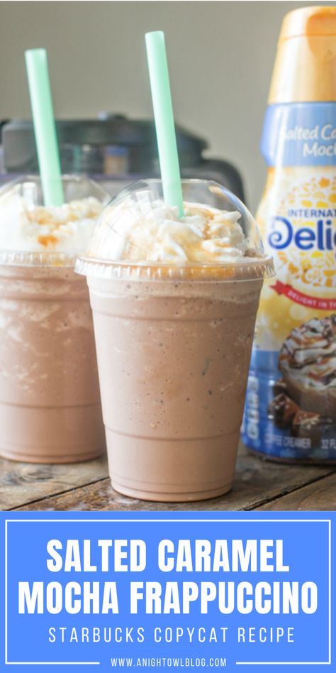 This homemade Salted Caramel Mocha Frappuccino tastes like the REAL THING and is a fraction of the cost. Make your favorite coffeehouse drinks at home! #Starbucks #Copycat #Coffee #Recipe Frozen Coffee Drinks Recipes, Salted Caramel Mocha Frappuccino, Frozen Coffee Drinks, Homemade Salted Caramel, Café Starbucks, Homemade Frappuccino, Salted Caramels, Salted Caramel Mocha, Frappe Recipe