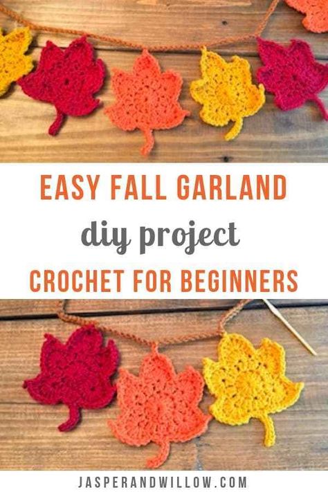 Crochet Cornucopia Free Pattern, Crochet Fall Garland, Fall Garland Diy, Autumn Leaf Garland, Garland Leaves, Crochet Tutorial For Beginners, Cat Stitch, Autumn Garland, Thanksgiving Crochet