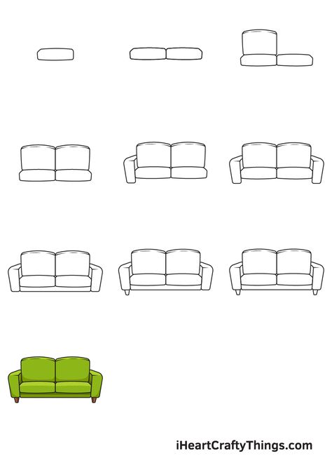 Couch Sketch Design, Couch Line Drawing, How To Draw Sofa Step By Step, How To Draw A Couch Step By Step, How To Draw A Living Room, Sofa Drawing Easy, Couch Drawing Easy, Drawing Of A Couch, Couches Drawing