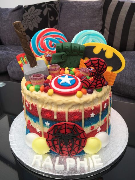 Marvel themed 3rd birthday cake #marvel #cake #marvelcake #dripcake Cake Design Without Fondant, Marvel Cakes For Boys, Marvel Theme Cake, Avengers Cake Design, Avengers Themed Cakes, Cake For Mother, Marvel Birthday Cake, 3rd Birthday Cake, Avengers Cake