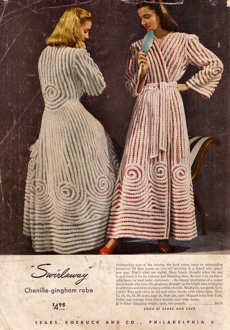 The chenille robe was a staple garment for women in the 1940s, but its history extends many years before and after this decade. Great Meals, Handmade Gifts For Friends, Messy Kitchen, Fashion Silhouette, 20th Century Fashion, Chenille Bedspread, 1940s Fashion, Don't Judge, Vintage Lingerie