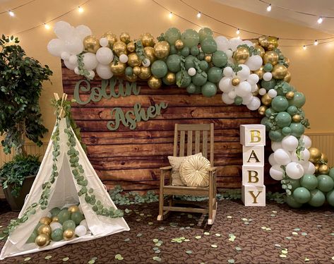 Eucalyptus Woodland Baby Shower Theme Outdoorsy Baby Shower, Forest Baby Shower Theme, Woodland Baby Shower Theme, Camping Baby Shower Theme, Woodsy Baby Showers, Tiffany Baby Showers, Forest Baby Showers, Adventure Baby Shower, Outside Baby Showers