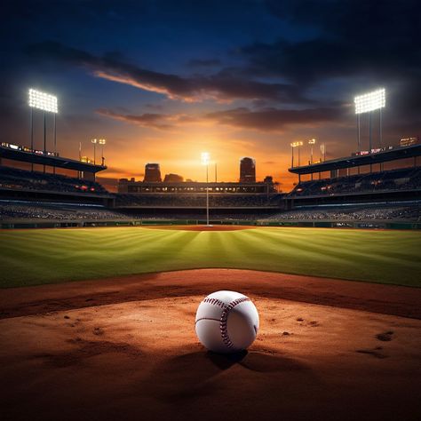 An image depicting a baseball stadium under evening lights by Cody King (LesTadO) - Playground Stadium Background, Baseball Field Painting, Sunset Baseball Field, Mlb Stadium, Mlb Stadiums, Baseball Park, Workout Space, Baseball Stadium, Image Generator