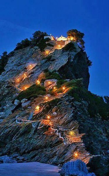 Night view of Agios Ioannis chapel, Skopelos Island (Sporades), Greece Skopelos Greece, Skiathos Greece, Greece Photos, Travel Greece, Greece Islands, Voyage Europe, Visiting Greece, Island Travel, Greece Travel