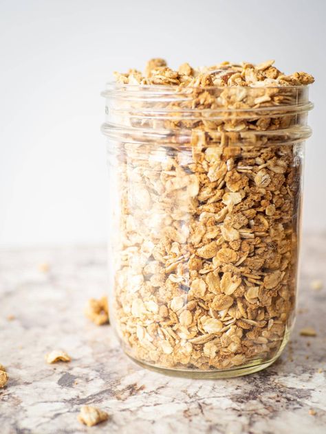 High Protein Granola - The Nessy Kitchen Homemade Protein Granola, High Protein Granola Recipe, Protein Granola Recipe, High Protein Granola, Breakfast For Busy Mornings, Oat Flour Recipes, Shelled Pumpkin Seeds, Easy Granola Recipe, Maple Granola