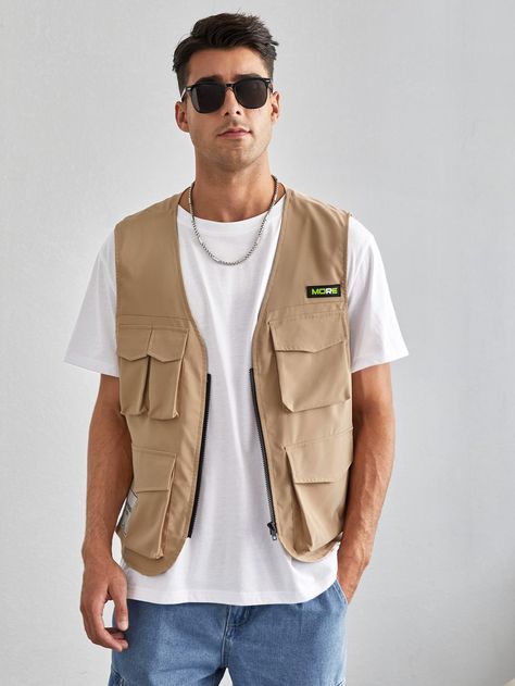 Gilet Men Outfits, Men Vest Outfits Casual, Cargo Vest Outfit Men, Gilet Outfit Men, Vest Back View, Spring Vest Outfits, Utility Vest Outfit Men, Utility Vest Outfit, Jean Vest Outfits