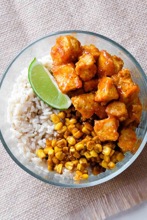 Vegan Tofu Recipes, General Tso Tofu, Corn Side, Tofu Sauce, Chipotle In Adobo Sauce, Scrambled Tofu Recipe, Corn Side Dish, Tofu Recipes Vegan, Teriyaki Tofu