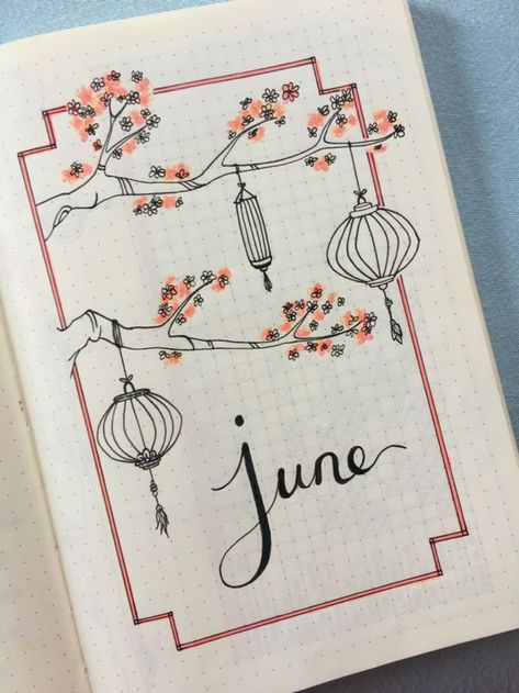 Bullet Journal June Cover Inspiration Journal Book Cover Design, Month Inspiration, Journal June, Book Cover Page Design, Art Journal Challenge, Bullet Journal Page, Doodle Quotes, Art Journal Prompts, Cover Inspiration