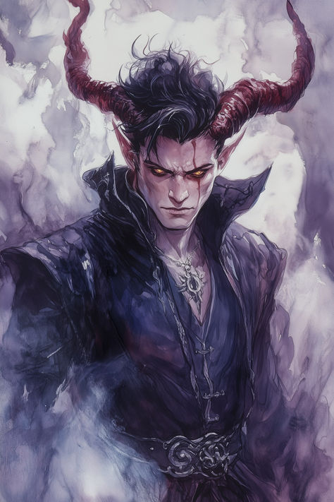 A brooding figure stands amidst the swirling mists; a tiefling cleric with skin the color of twilight. His eyes, glistening like amethysts, mottled red horns gracefully curve upward, parting raven hair that cascades like a midnight waterfall. Wizard Tiefling, Cleric Tiefling, Fallen Aasimar, Tiefling Cleric, Tiefling Art, Character Showcase, Tiefling Male, Dnd Tiefling, Raven Hair