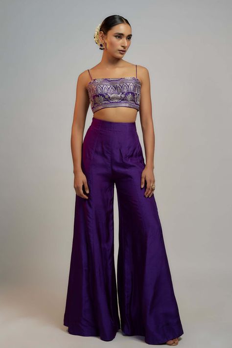 Gopi Vaid | Purple sanya jacket and palazzo set Sangeet Outfit Pants, Haldi Guest Outfit Simple, Lehenga With Pants, Sangeet Guest Outfit Indian Weddings, Dressy Palazzo Pants Outfit Wedding, Indo Western Sangeet Outfit For Women, Simple Indo Western Outfits, Indian Outfits Simple, Navratri Outfits Ideas