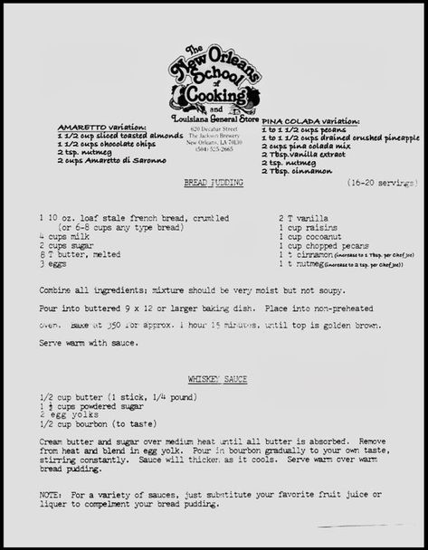 New Orleans Bread Pudding with Variations - Great recipe from a class that I attended in the late 1980s at New Orleans School of Cookery taught by Chef Joe Cahn. A crowd pleaser! : Old_Recipes Bread Pudding New Orleans, New Orleans Bread Pudding, New Orleans Bread, New Orleans School Of Cooking, Cinnamon Bread Pudding, Tortellini Salad, Cooking Bread, Tasty Pasta, Cinnamon Bread