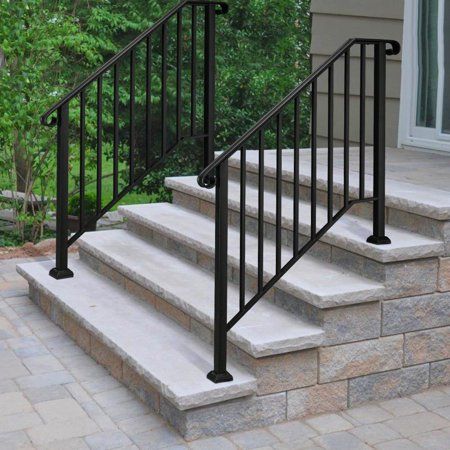 Black Railing Front Porch Art Deco, Small House Stairs Lowe's, Adding A Qood Railing To Brick Enterance, Exterior Stairs To Back Door, Simple Metal Railing Outdoor, Porch Step Railing, Iron Railings Outdoor, Exterior Stair Railing, Porch Handrails