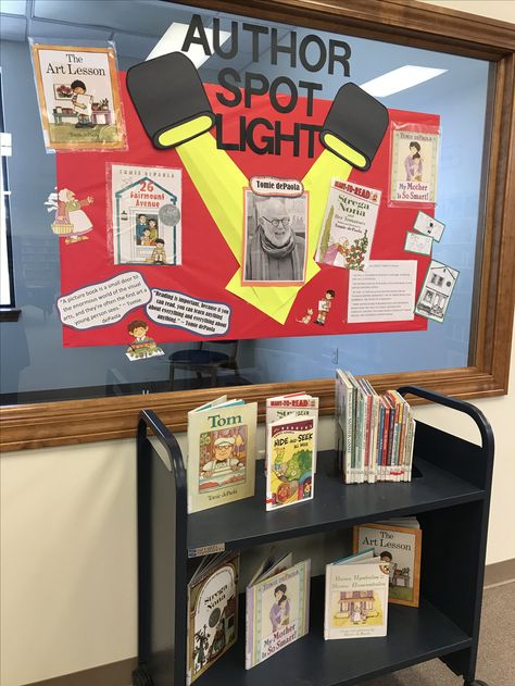 Author Spotlight children's library display Library Shelf Display Ideas, Author Display Ideas, Library Wall Display Ideas, Library Display Ideas School, Author Bulletin Board Ideas, Author Spotlight Display, School Library Room Ideas, Cricut Library Ideas, Primary School Library Displays