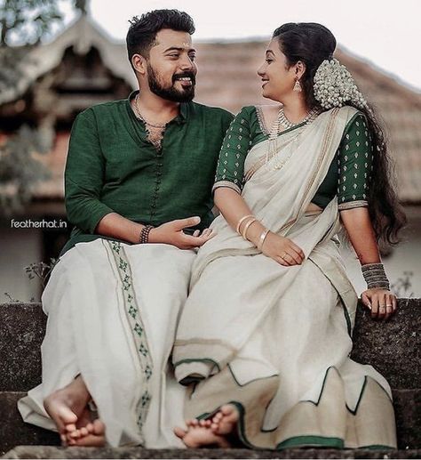 South Look Photoshoot, Onam Photoshoot Ideas Couple, Onam Couple Photos, Kerala Engagement Couple Dress, Kerala Pre Wedding Photoshoot, South Indian Pre Wedding Photoshoot, Couple Shoot Outfits, Kerala Engagement Dress, Pre Wedding Photoshoot Props