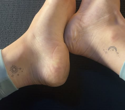 Moon And Stars Ankle Tattoo, Sun And Moon With Stars Tattoo, Sun Moon Tattoo Ankle, Sun With Stars Tattoo, Ankle Tattoo Sun And Moon, Sun And Moon Tats, Sun And Moon Hip Tattoo, Moon And Stars Tattoo Matching, Sun Stars Tattoo