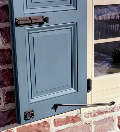 Shutter Hardware: A classic look: the Hook and Staple, slide lock, and elliptical pull ring on Colonial Times Blue. Window Shutters Diy, Exterior Shutter Hardware, Shutters Diy, Traditional Hardware, Window Shutters Exterior, Shutter Hardware, Shutter Designs, Black Shutters, Custom Shutters