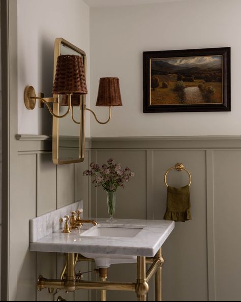 Powder Room With Paneling And Wallpaper, Georgian Interiors Bathroom, Modern Cottage Powder Room, Wainscoting In Powder Room, Feminine Powder Room, Powder Room Chair Rail, Cozy Powder Room, Moody Vintage Powder Room, Paneling Bathroom Walls