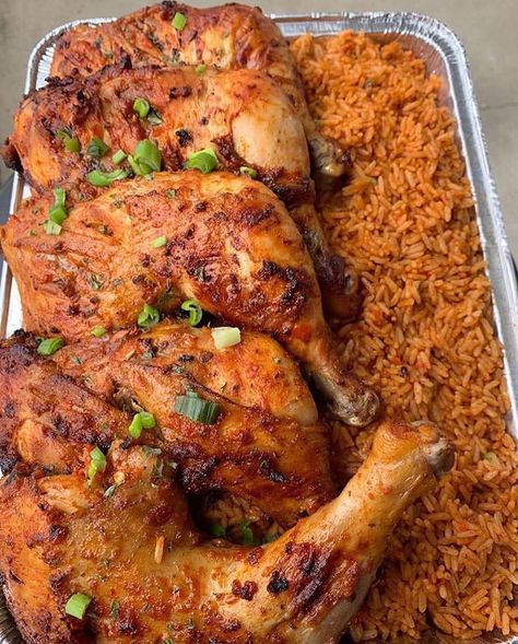 2,453 Likes, 14 Comments - Ghanaian Foods 🇬🇭 (@gh_foods) on Instagram: “Smoky Jollof rice and grilled chicken laps. 📸: @bimmskitchen_” Rice And Grilled Chicken, Picnic Date Food, Nigeria Food, Ghanaian Food, African Recipes Nigerian Food, Amazing Food Platters, Rice Side Dish Recipes, African Cooking, Bistro Food