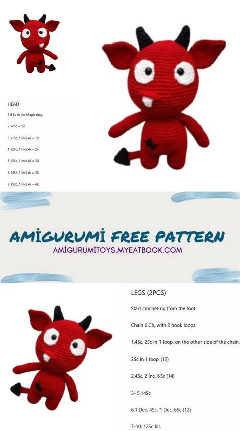 Amigurumi Devil Benny Free Pattern - Amigurumi Patterns Devil Crochet Pattern Free, Christmas Crochet Patterns Free, Big Yarn, Knitted Toys Free Patterns, Crochet Amigurumi Free Patterns, Crochet Amigurumi Free, Free Amigurumi Patterns, Holiday Crochet, Red Yarn