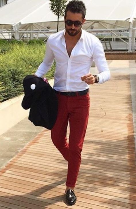 Shop this look on Lookastic: https://lookastic.com/men/looks/black-blazer-white-long-sleeve-shirt-red-chinos/20001 — White Long Sleeve Shirt — Black Blazer — Red Chinos — Black Leather Loafers Men Red Pants Outfit, Red Polo Shirt Outfit Men, Dresscode Party, Crab Dinner, Red Pants Men, Red Tie Men, Red Pants Outfit, Red Shirt Men, Red And White Outfits