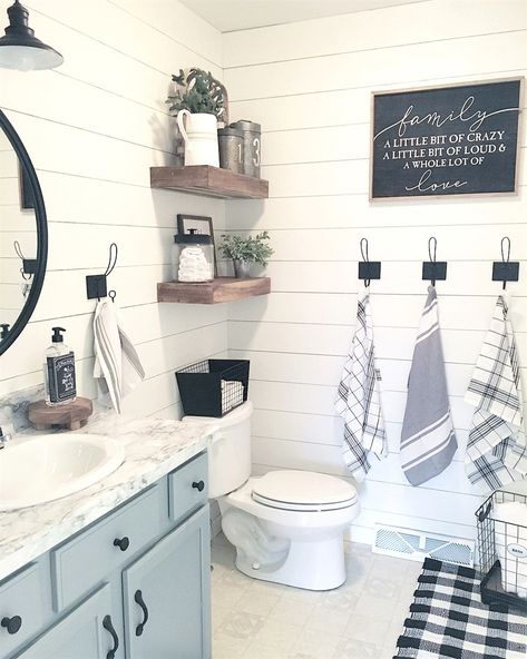 So excited to finally share our little bathroom makeover with you all! I hope you love it as much as we do! Everything fell together… #BathroomRenovations Towel Rack Decor, Bathroom Makeovers, Diy Bathroom Makeover, Modern Farmhouse Bathroom, Boys Bathroom, Bathroom Redo, Farmhouse Bathroom Decor, Decoration Inspiration, House Bathroom