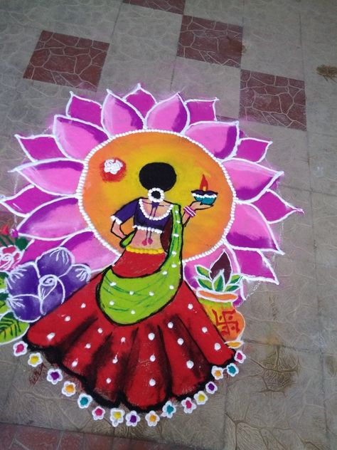 Women Rangoli Designs, Dipawali Decoration, பொங்கல் கோலம், Rangoli Photos, Rangoli Designs For Competition, Girls Room Diy, Poster Rangoli, Chinese Dragon Art, Pooja Decor