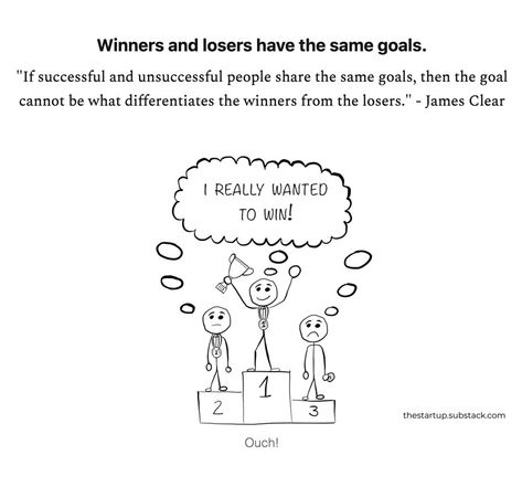 "If successful and unsuccessful people share the same goals, then the goal cannot be what differentiates the winners from the losers." - James Clear In this segment from Atomic Habits, James reminds us that there's more to success than ambition. Winners And Losers Have The Same Goals, Psychological Concepts, Mental Models, The Losers, Accomplishing Goals, James Clear, Atomic Habits, Personal Development Quotes, Winners And Losers