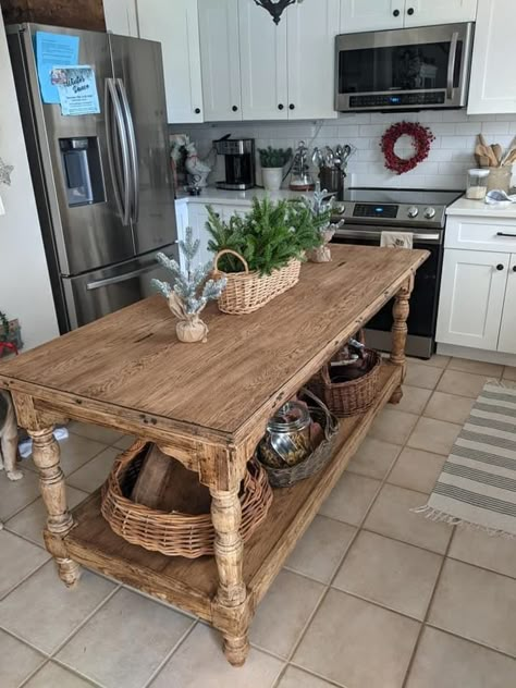 Harvest Table Island, Thrifted Kitchen Island, Diy Kitchen Island From Dresser, Antique Kitchen Island, Country Kitchen Island, Small Kitchen Island Ideas, Unique Kitchen Design, Country Kitchen Ideas, Barn Kitchen