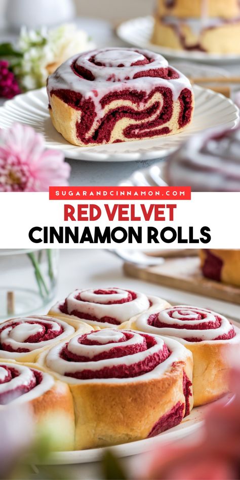 These Red Velvet Cinnamon Rolls are soft and fluffy, filled with a swirl of cinnamon-sugar goodness, and topped with a creamy, luscious frosting. Vanilla Cinnamon Rolls, Best Christmas Baked Goods, Yummy Dessert Recipes Homemade, Christmas Morning Baked Goods, Red Velvet Rolls, Big Fluffy Cinnamon Rolls Homemade, Flavor Cinnamon Rolls, Red Velvet Cinammon Roll, Cinnamon Rolls With Fruit