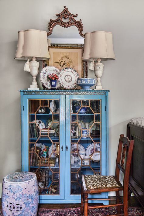 China Cabinet Styling, Cabinet Styling, Bird Engraving, Blue China Cabinet, Marble Lamps, Reclaimed Wood Door, John Gould, Picture Molding, Maximalist Style