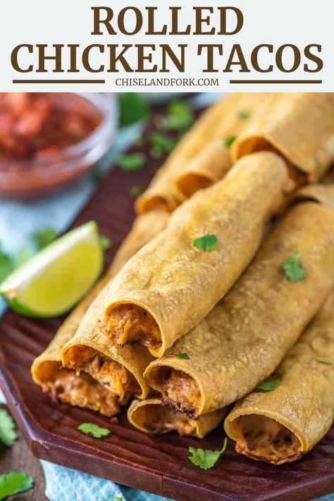 Potato And Shredded Chicken Recipes, Rolled Tacos Recipe, Rolled Chicken Tacos, Rolled Tacos, Taco Roll, Chicken Tacos Recipe, Schnitzel Recipes, Chicken Roll Ups, Chicken Mole