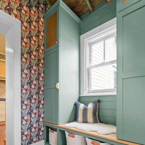 Rookwood Blue Green, Mudroom Paint Color, Sherwin Williams Blue, Mudroom Cabinets, Lake Kitchen, Green Front Doors, Blue Green Paints, Zyla Colors, Popular Paint Colors