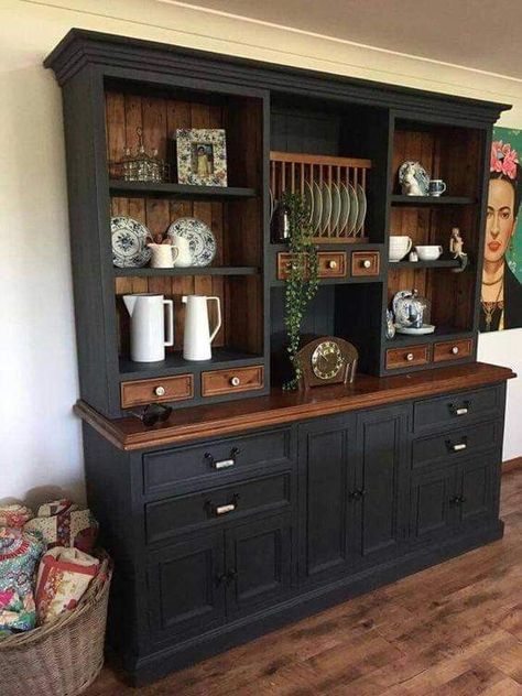 Black Hutch Dining Room, Old Dresser Redo, Refinished China Cabinet, Kitchen Hutches, China Hutch Makeover, Painting Concrete Porch, Furniture Flip, Refinished Furniture, Chalk Painting