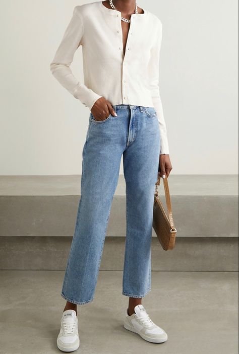 Helmut Lang Jeans, Rich Clothes, Blue Jean Outfits, Model Outfit, Sneakers Looks, Cardigan Outfits, Cotton Cardigan, Helmut Lang, Street Style Women