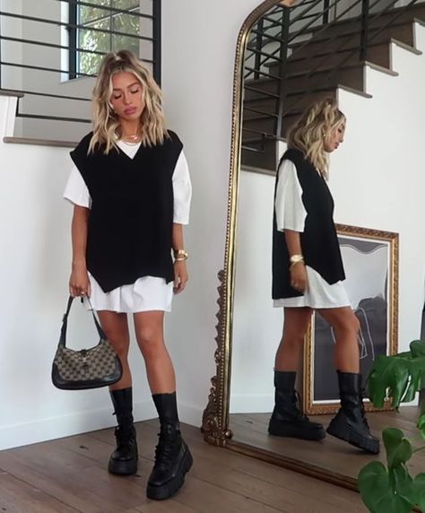 30 Cute Outfits to Wear with Sweater Vests - What Dress Code? Shirt Dress And Vest Outfit, Long Black Sweater Vest Outfit, Sweater Vest Summer Outfit, Sweater On Top Of Dress Outfit, Sleeveless Sweater Vest Outfit, Oversized Sweater Vest Outfit, Dress With Sweater Over It, How To Style A Sweater Vest, Outfit Uni