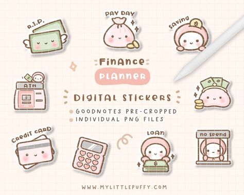 Cute Finance Digital Planner Stickers for Goo Digital Art Kawaii, Goodnotes Planner Stickers, Free Digital Planner Stickers, Kawaii Planner Stickers, Free Digital Planner, Planner Stickers Digital, Kawaii Planner, Stickers For Goodnotes, Planner Icons