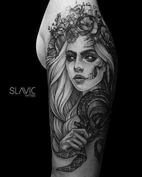 Slavic Goddess Tattoo, Slavic Mythology Polish, Slav Tattoo, Slavic Mythology Tattoo, Witcher Tattoo, Dark Surrealism, Slavic Tattoo, Slavic Goddess, Female Warrior Tattoo